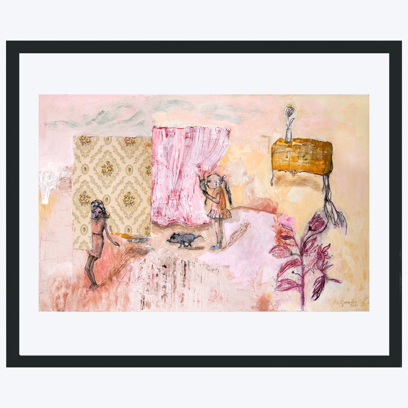 Fine Art Print, Print Giclee Art, pink ochre, abstract interior, animals cat girl modern decor, wall art, by Ana Gonzalez