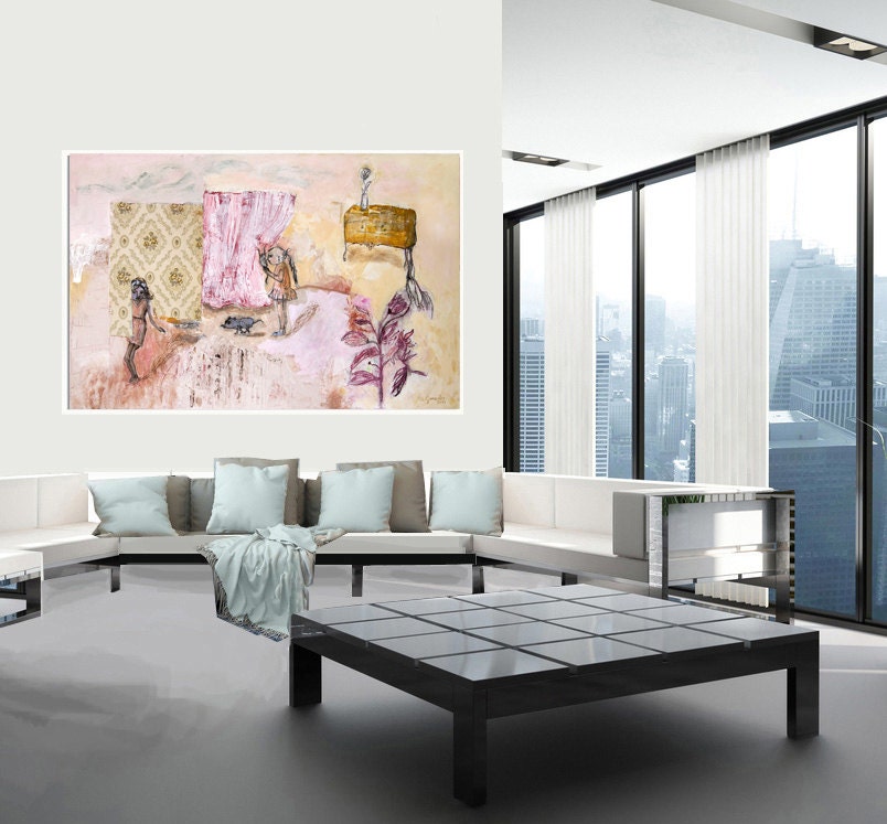 Fine Art Print, Print Giclee Art, pink ochre, abstract interior, animals cat girl modern decor, wall art, by Ana Gonzalez