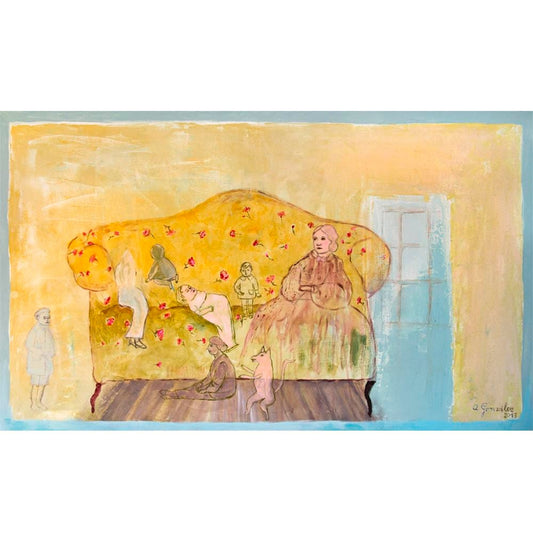 Fine Art Print, Print Giclee Art, abstract interior, animal dog girls modern decor, wall art, turquoise yellow red people by Ana Gonzalez