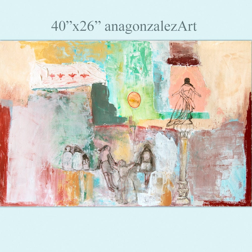 Large Painting canvas, 40x26 Wall Art, Abstract mixed media, turquoise, green, pink, Spanish Art