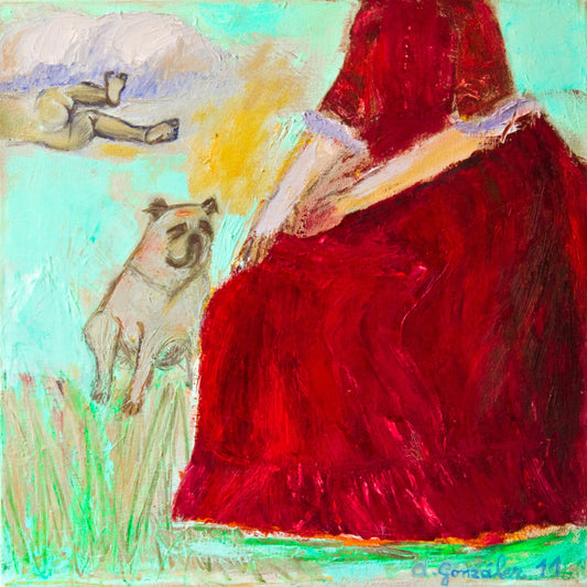 Fine Art Print green field red victorian dress girl dog cherub cloud modern wall art print by Ana Gonzalez