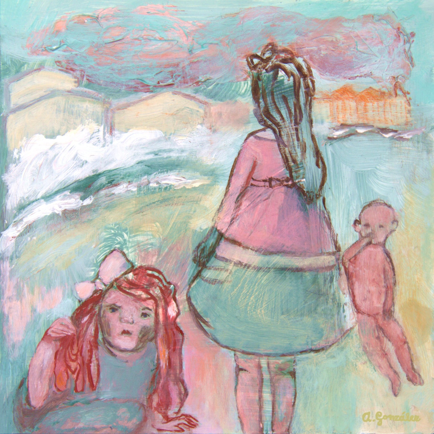 Fine Art Giclee Print pink turquoise green girl children modern wall art print by Ana Gonzalez