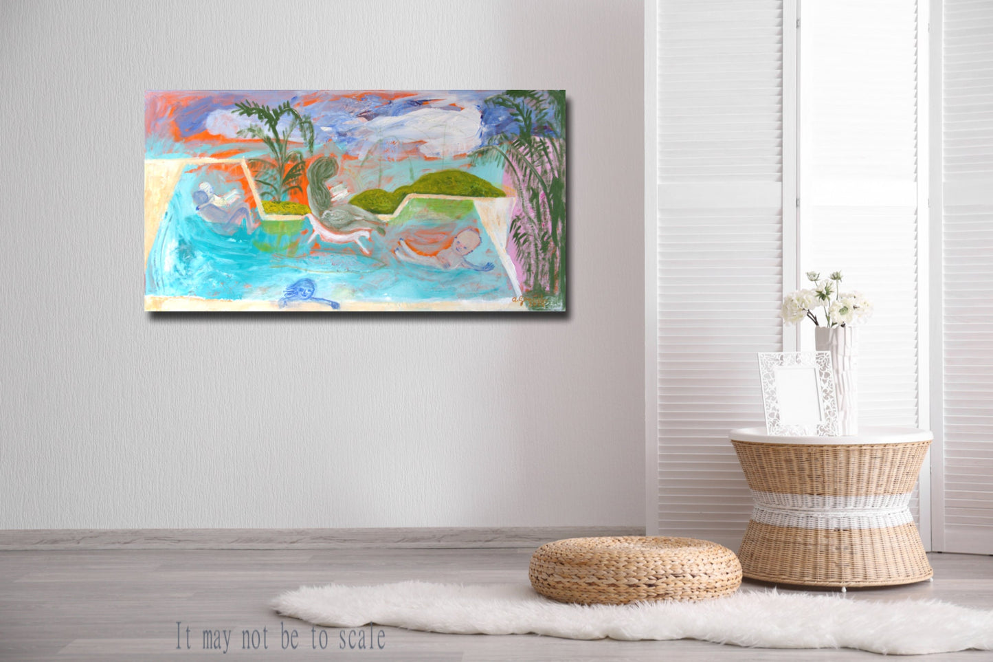 Abstract Original Painting canvas 40x20" Large wall Art palm trees pool children turquoise orange green pink summer AnaGonzalezArt