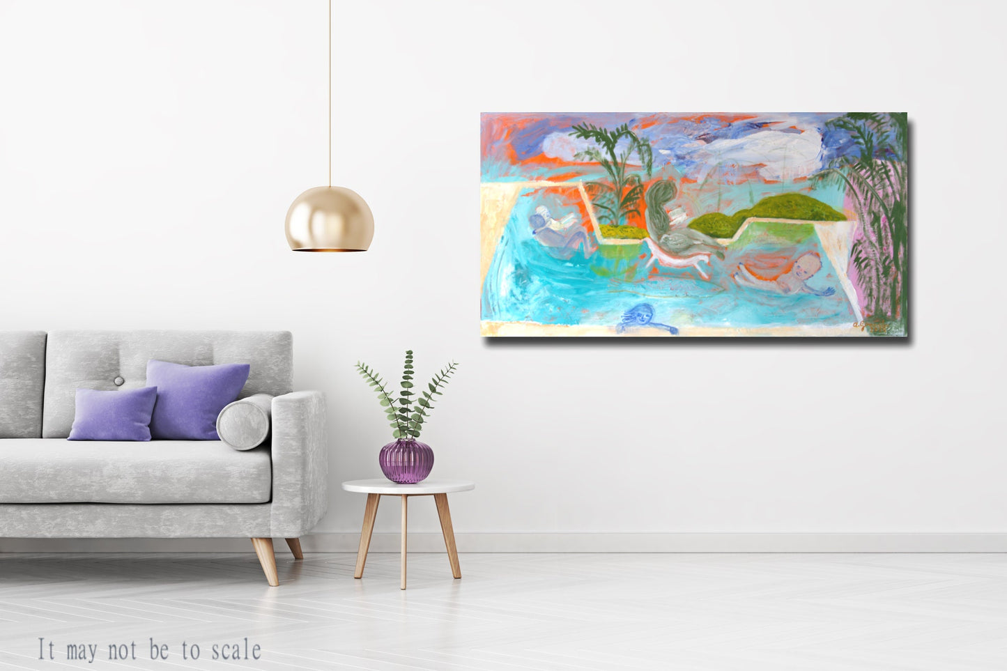 Abstract Original Painting canvas 40x20" Large wall Art palm trees pool children turquoise orange green pink summer AnaGonzalezArt