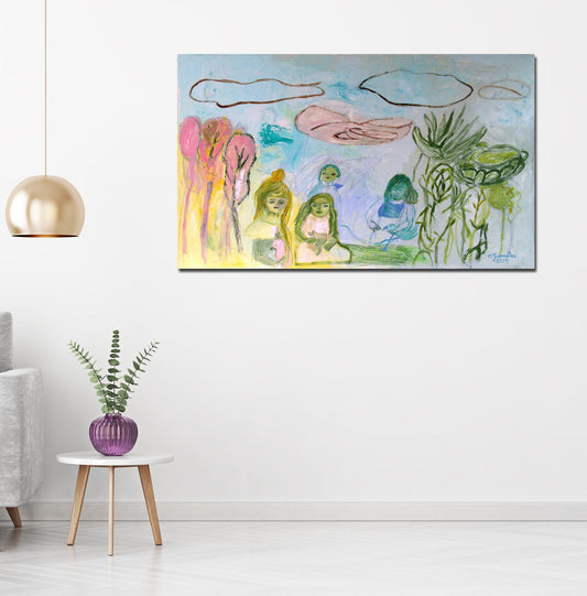 Abstract Original Painting canvas 40x24" Large wall Art girls dog flamingo trees turquoise green pink AnaGonzalezArt