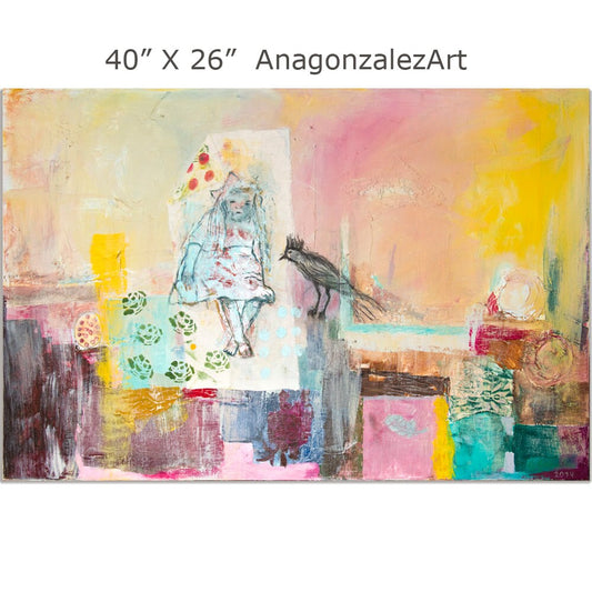 Abstract Painting canvas 40x26 Large wall Art mixed media turquoise green yellow pink Spanish Art