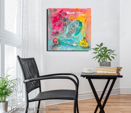 Original Painting 12x12 on cradled wood panel, abstract green turquoise, pink, mixed media expressionist art