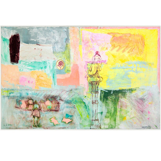 Large Painting wall Art Abstract canvas 40x26 mixed media turquoise, green, pink, cream Spanish Art